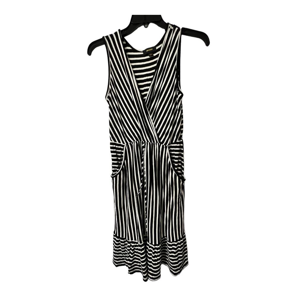Espresso Black White Striped Midi Dress Womens Large Sleeveless V-Neck Pockets